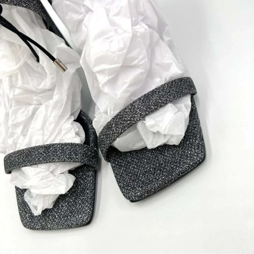 Nine West Size 6.5 Black Silver Sparkly‎ Square Toe Dress Sandals Heels Shoes